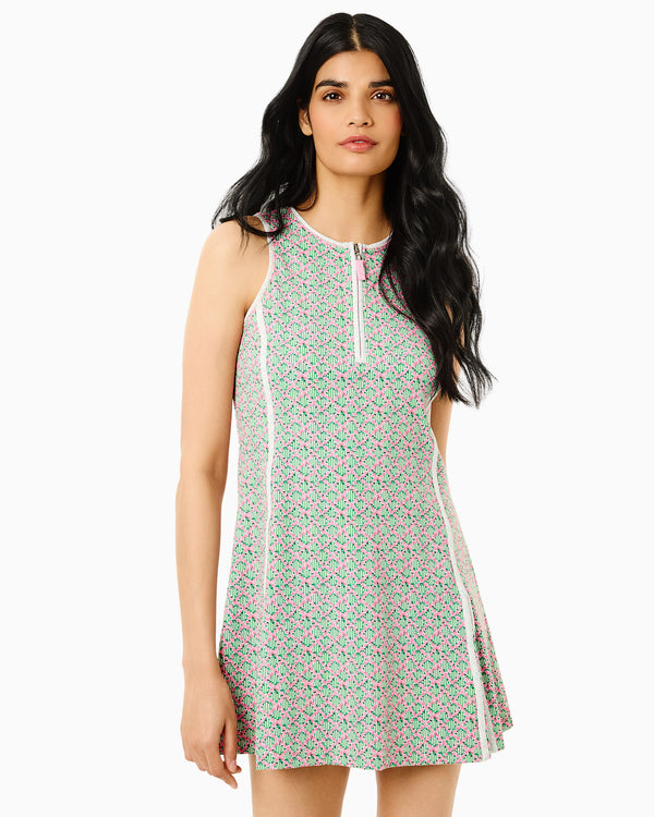 'On model product image of Smooth Sport Gardenia Active Dress in Bubblegum Floral Trellis'