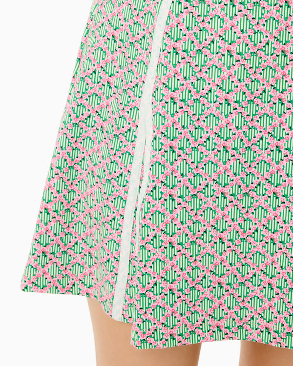 'On model product image of Smooth Sport Gardenia Active Dress in Bubblegum Floral Trellis'