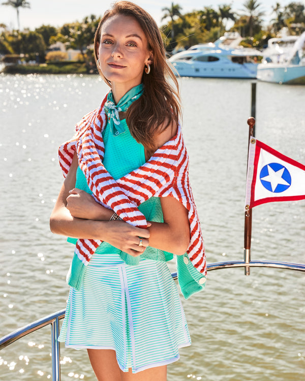 'On model product image of Smooth Sport 15in Gardenia Skort in Jelly Mint Stripe'