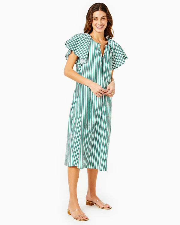 'On model product image of Cotton Poplin Grace Dress X Grace Atwood in White/Racing Green Double Stripe-Final Sale'