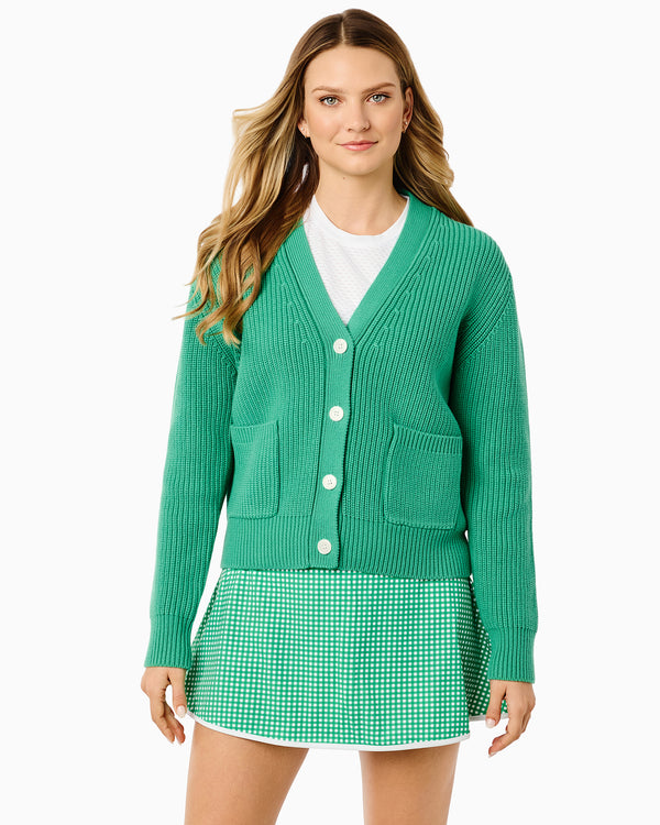 'On model product image of Rib Knit Greenfield Cardigan Sweater in Palm'