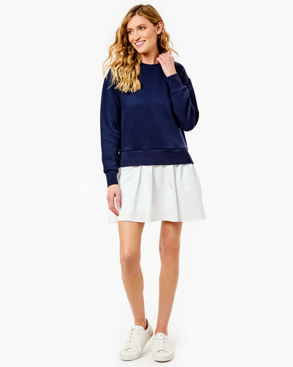 'On model product image of Mixed Soft Luxe Long Sleeve Harper Dress in Navy/Super White'