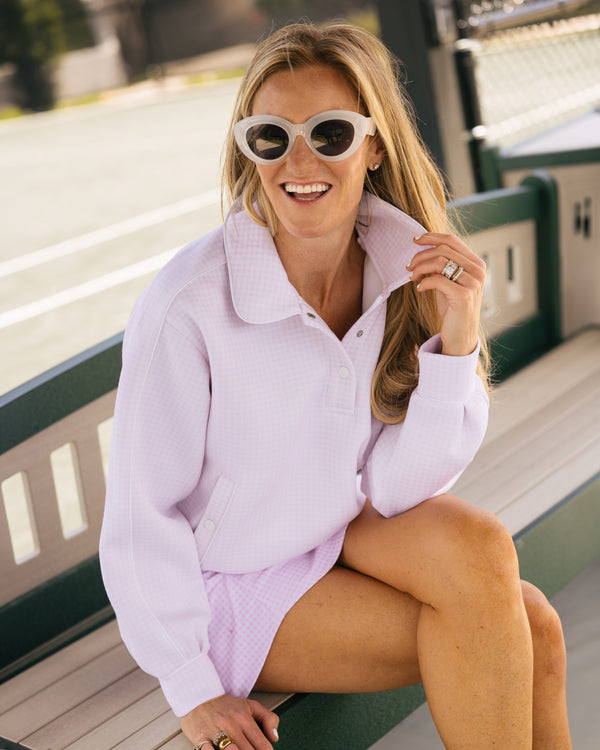 'On model product image of Active Pique Heritage Sweatshirt in Light Ballet Slipper Gingham'