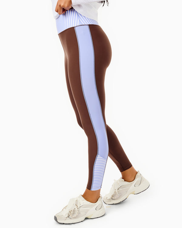 'On model product image of Luxe Sport High-Rise Hudson Legging in Chocolate/Violet'