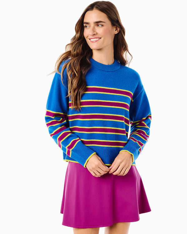 'On model product image of Knit Junior Carlyle Crewneck Sweater in Harbor Blue/Plum Stripe'