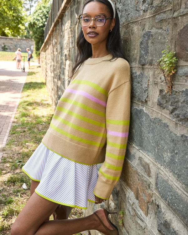 'On model product image of Knit Junior Carlyle Crewneck Sweater in Latte/Chartreuse Stripe'