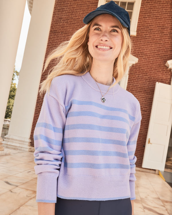 'On model product image of Knit Junior Carlyle Crewneck Sweater in Lavender/Violet Stripe'