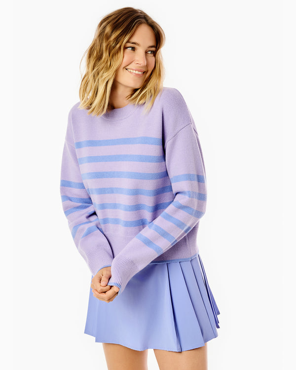 'On model product image of Knit Junior Carlyle Crewneck Sweater in Lavender/Violet Stripe'