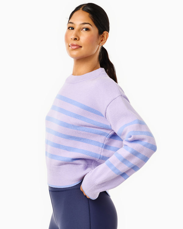 'On model product image of Knit Junior Carlyle Crewneck Sweater in Lavender/Violet Stripe'