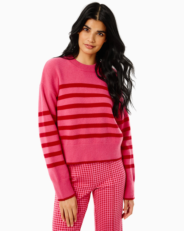 'On model product image of Knit Junior Carlyle Crewneck Sweater in Rose/Cherry Stripe'