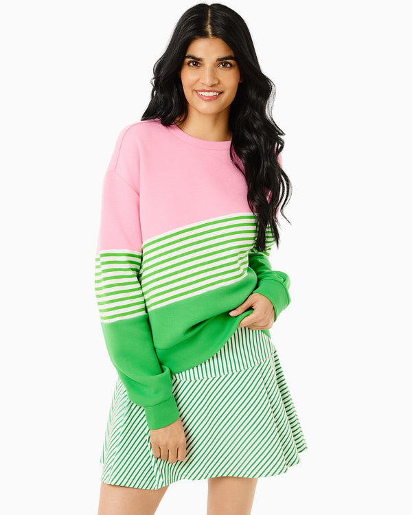 'On model product image of Soft Luxe JV Crewneck Sweatshirt in Bubblegum/Key Lime'