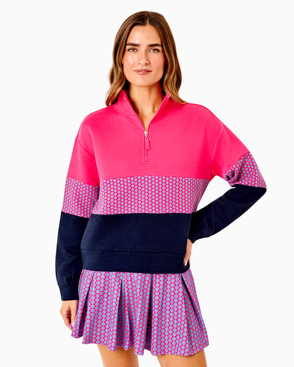 'On model product image of JV Quarter Zip Sweatshirt in Berry/Berry Love'