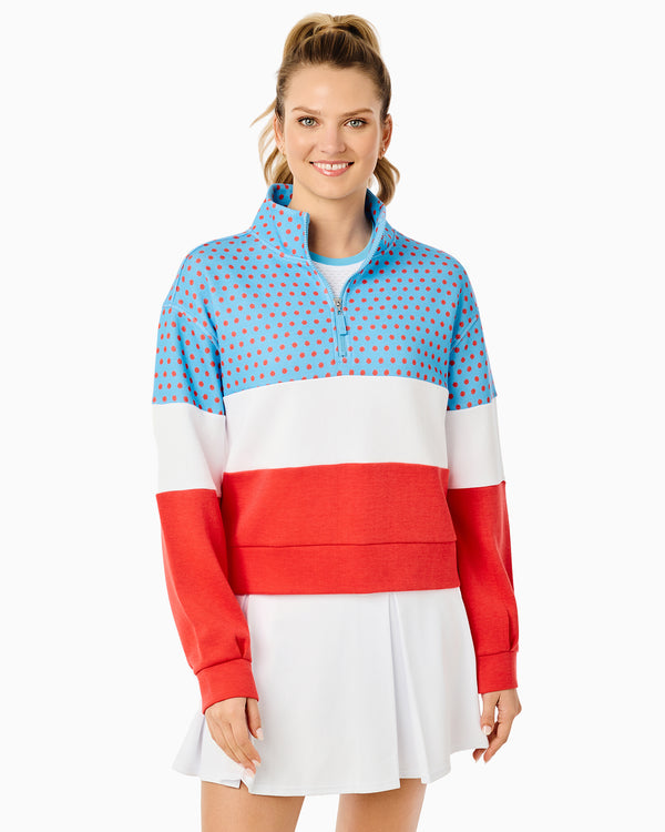 'On model product image of JV Quarter Zip Sweatshirt in Ruby Vintage Suns'