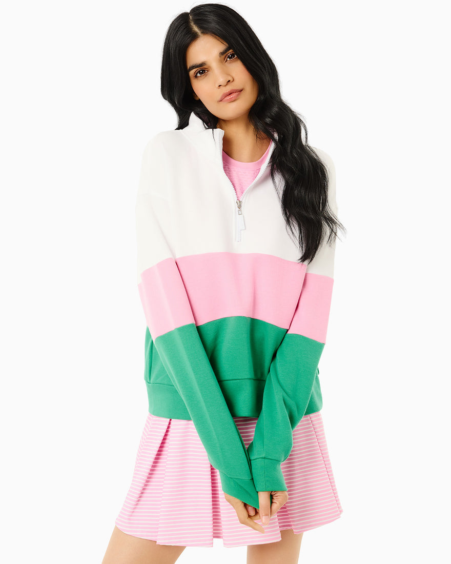 Model is wearing the JV Quarter Zip in Vintage White with the Lennon Pants in Vintage White