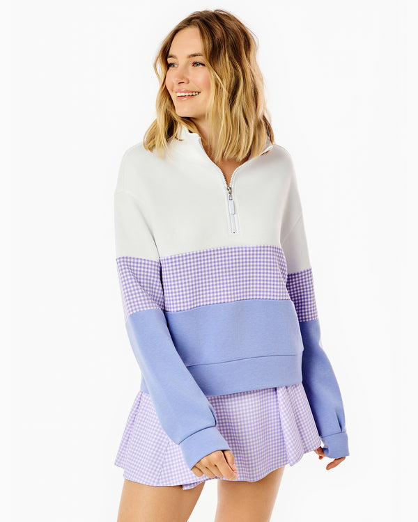 'On model product image of JV Quarter Zip Sweatshirt in Super White/Lavender Gingham/Violet'