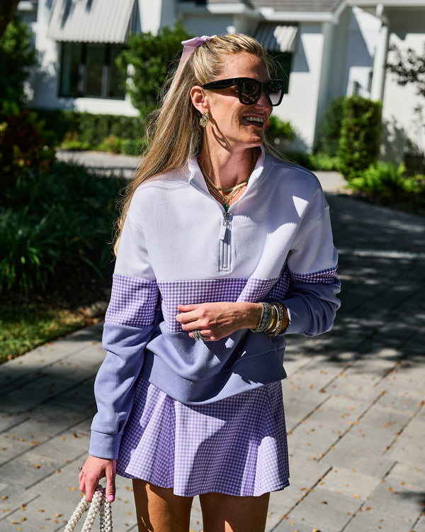 'On model product image of JV Quarter Zip Sweatshirt in Super White/Lavender Gingham/Violet'