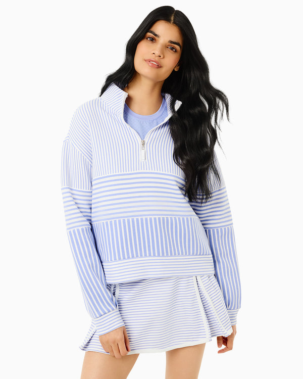 'On model product image of JV Quarter Zip Sweatshirt in Super White/Violet Stripe'