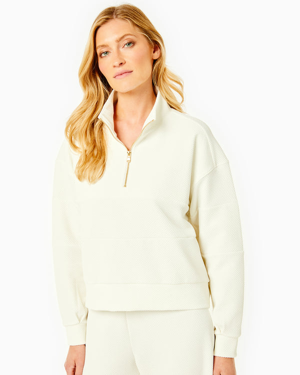 'On model product image of JV Quarter Zip Sweatshirt in Vintage White'
