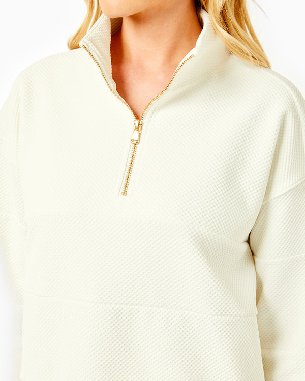 'On model product image of JV Quarter Zip Sweatshirt in Vintage White'