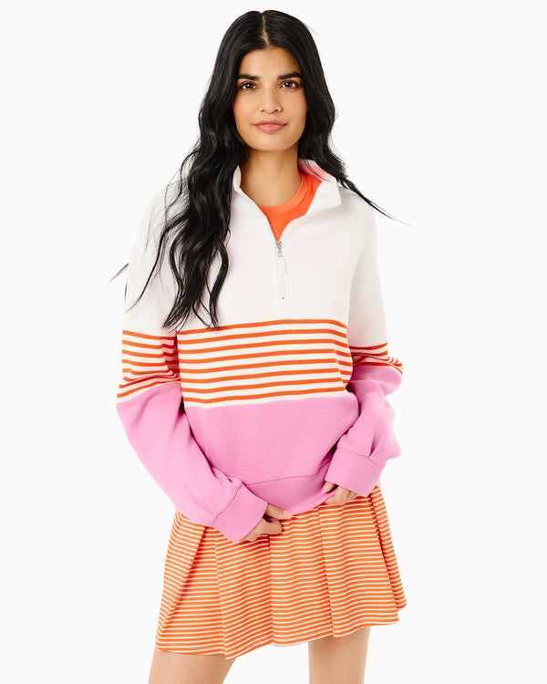 'On model product image of JV Quarter Zip Sweatshirt in Super White/Papaya Stripe/Orchid'