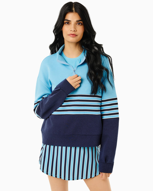 'On model product image of JV Quarter Zip Sweatshirt in Vintage Blue/Navy Cabana Stripe'