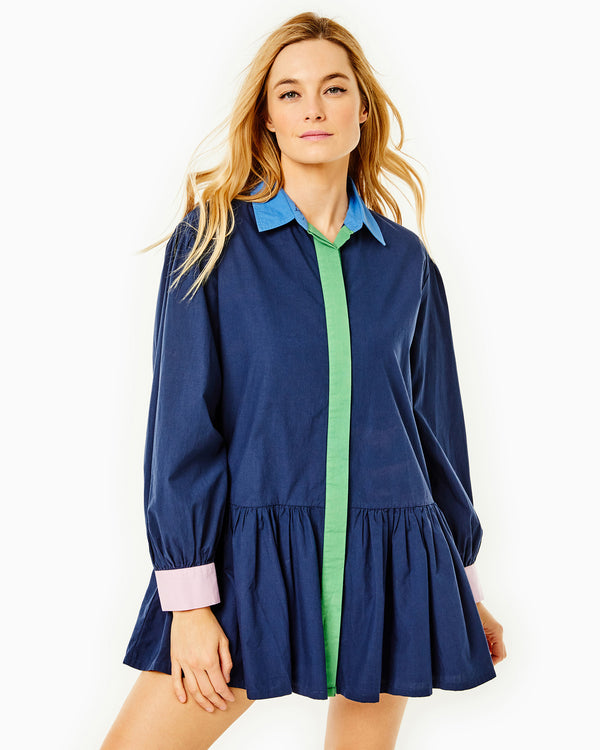 'On model product image of Cotton Poplin Lane Dress in Navy'