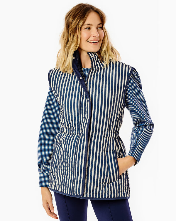'On model product image of Quilted Lauren Vest x Mary Orton Outerwear in Navy/Ivory Stripe'