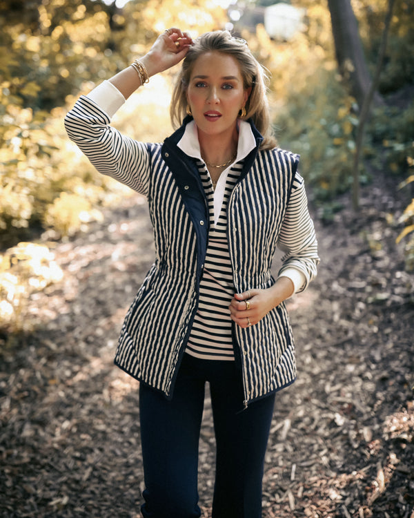 'On model product image of Quilted Lauren Vest x Mary Orton Outerwear in Navy/Ivory Stripe'
