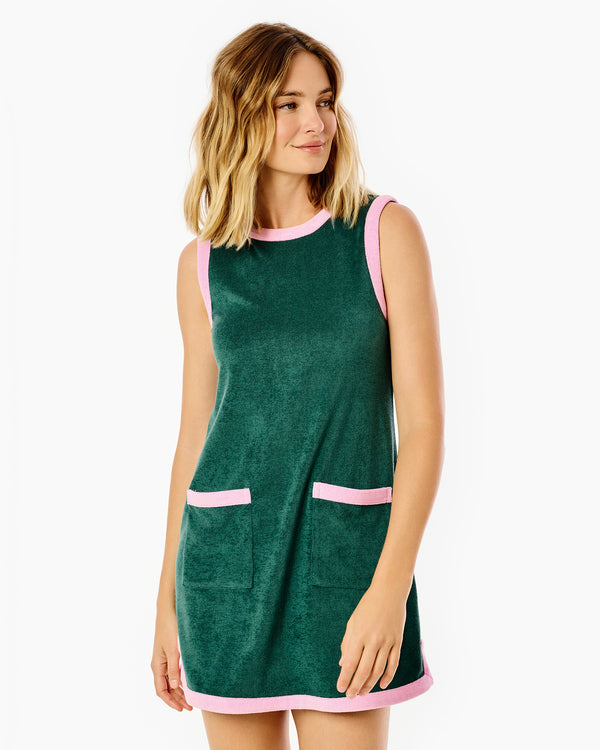 'On model product image of Towel Terry Lennon Dress in Ivy/Bubblegum'
