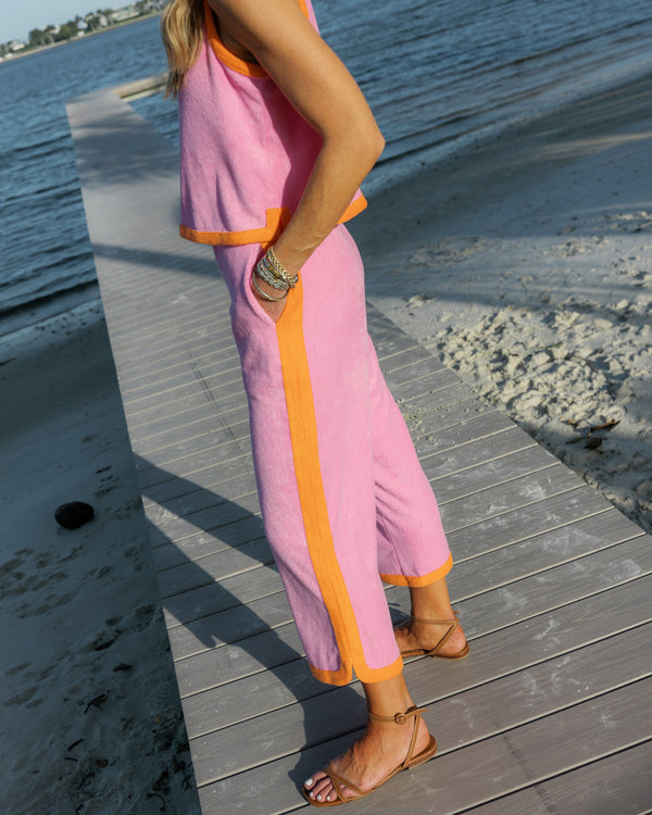 'On model product image of Towel Terry Lennon Pants in Bubblegum'