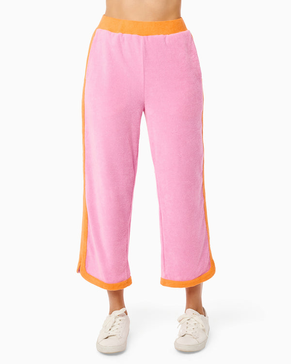 'On model product image of Towel Terry Lennon Pants in Bubblegum'