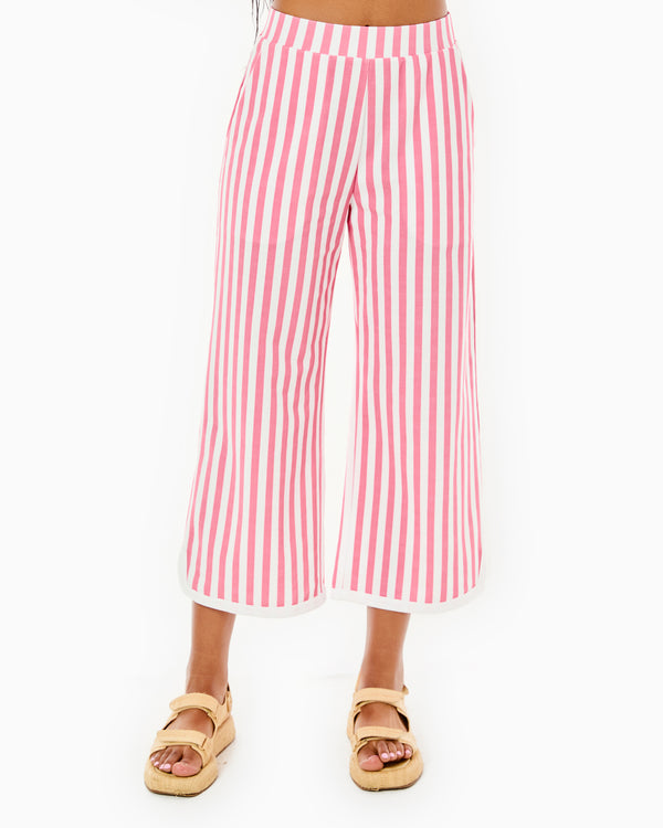 'On model product image of Lennon Wide Leg Pants in Guava Cabana Stripe'