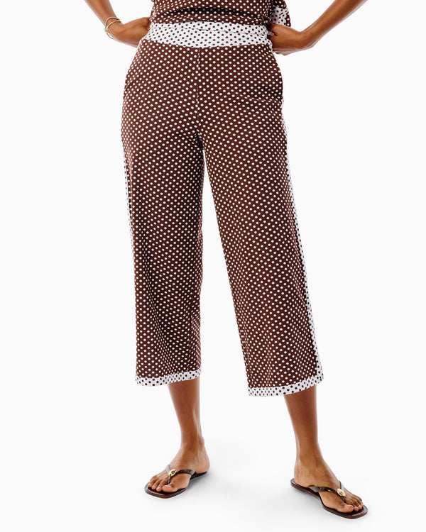 'On model product image of Lennon Wide Leg Pants in Milk Chocolate Dottie'