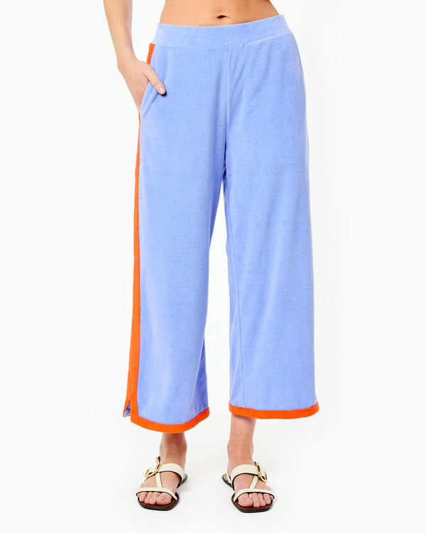 'On model product image of Lennon Pants in Violet/Papaya'