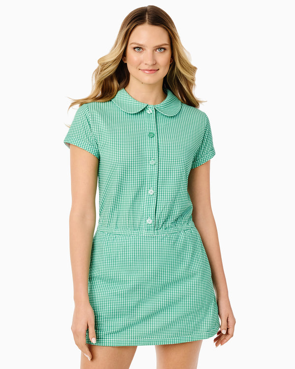 'On model product image of Active Pique Lennon Romper in Palm Gingham'