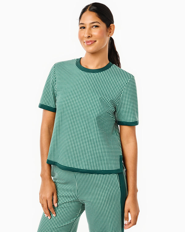 'On model product image of Lennon Short Sleeve in Ponte Ivy Gingham'
