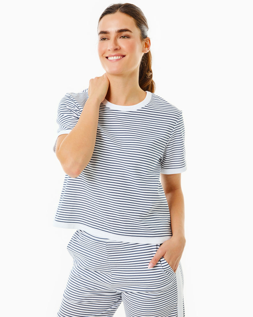 Model is wearing the Lennon Short Sleeve in Super White/Navy Stripe with the Lennon pants in Super White/Navy Stripe