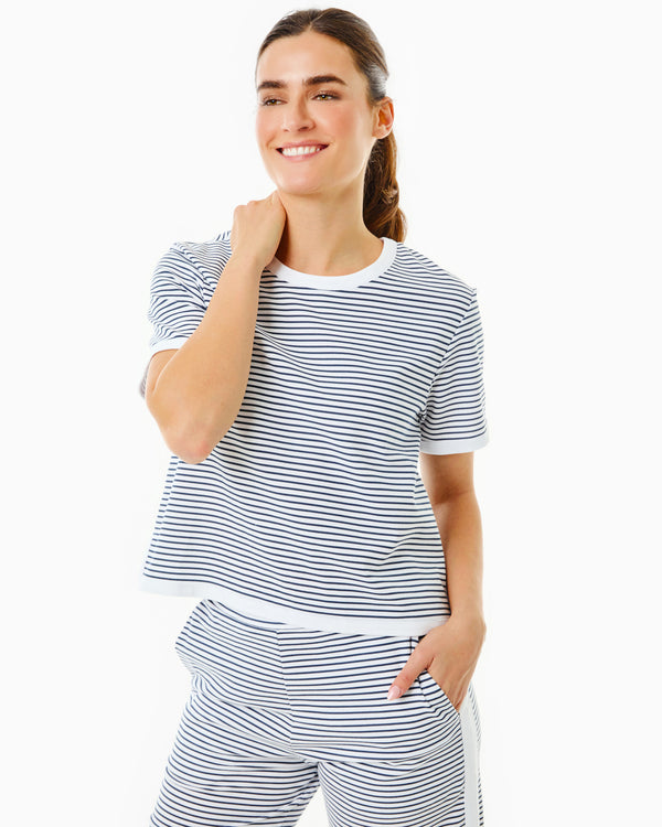 'On model product image of Textured Pique Lennon Short Sleeve in Super White/Navy Stripe'