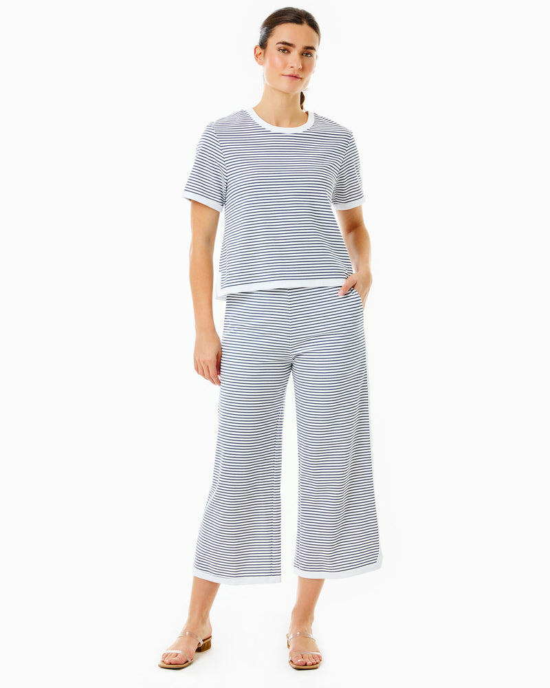 Model is wearing the Lennon Short Sleeve in Super White/Navy Stripe with the Lennon pants in Super White/Navy Stripe