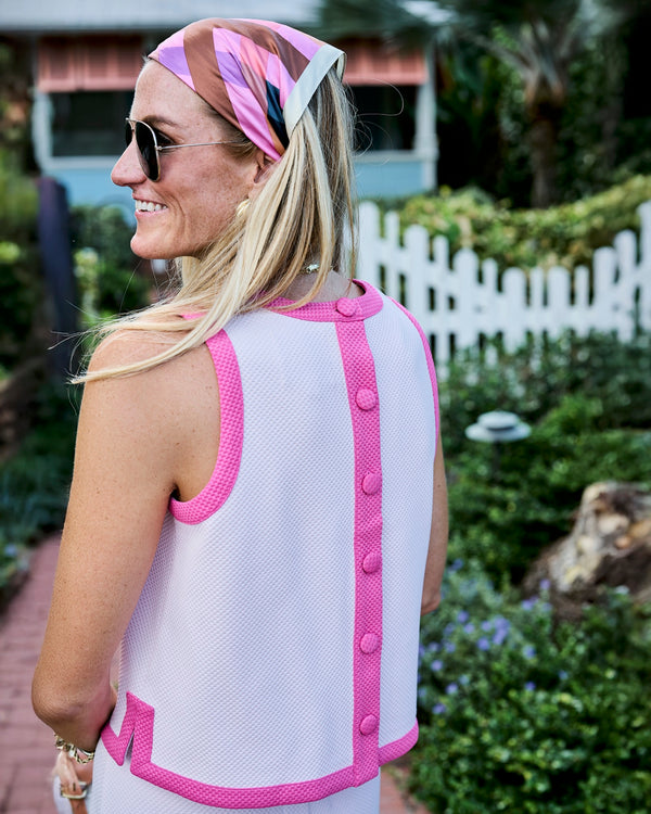 'On model product image of Active Jacquard Sleeveless Lennon Top in Ballet Slipper/Rose'