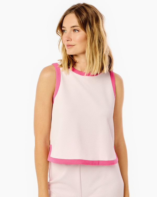 'On model product image of Active Jacquard Sleeveless Lennon Top in Ballet Slipper/Rose'