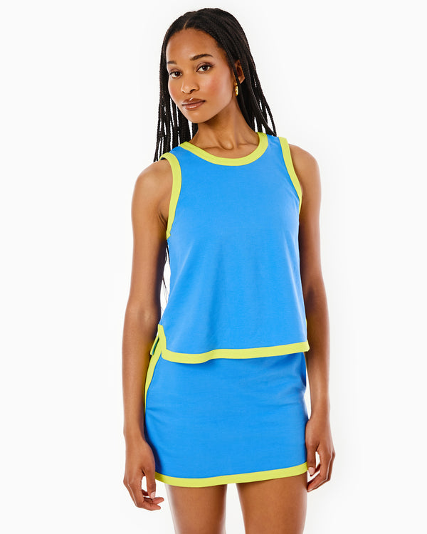 'On model product image of Sleeveless Lennon Top in Cerulean/Chartreuse'