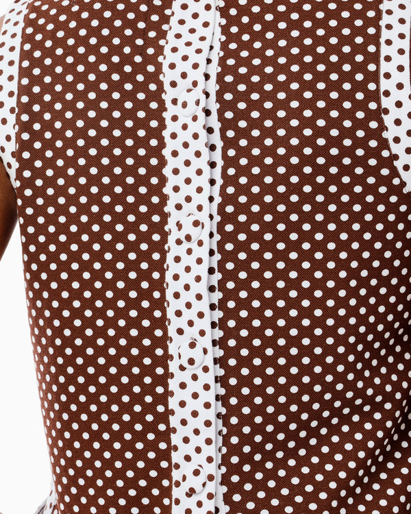 'On model product image of Sleeveless Lennon Top in Milk Chocolate Dottie'