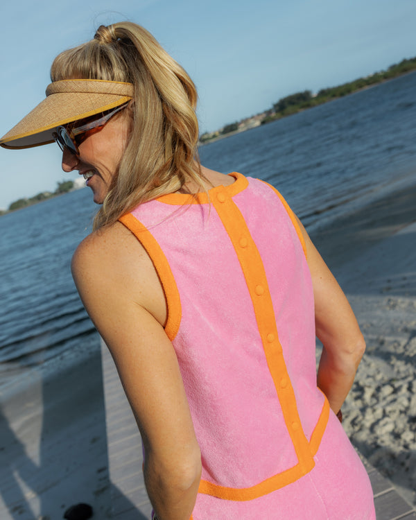 'On model product image of Towel Terry Lennon Top in Bubblegum'