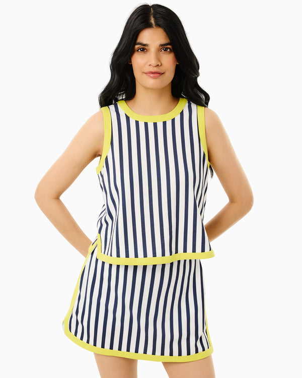 'On model product image of Sleeveless Lennon Top in Super White/Navy Cabana Stripe/Chartreuse'