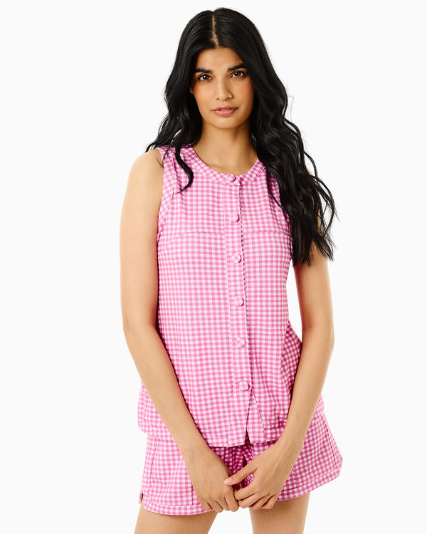 'On model product image of Retro Pique Lennon Tunic Top in Orchid Gingham'