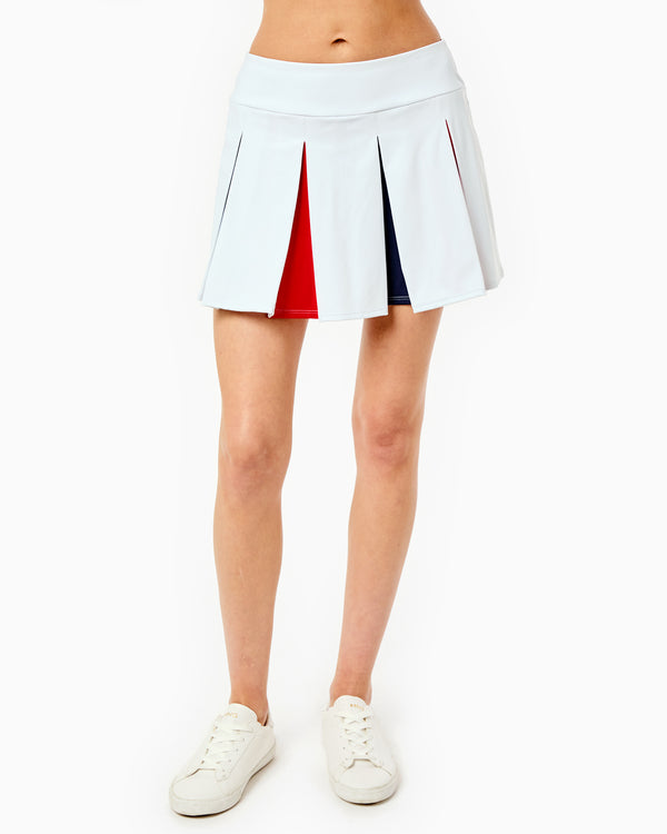 'On model product image of Smooth Sport 14in Liberty Skort in Super White/Americana'