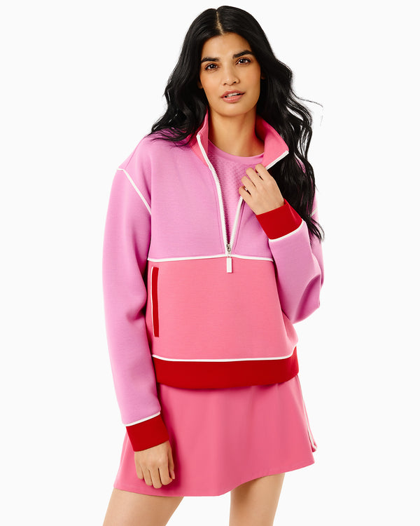 'On model product image of Active Pique Breakpoint Quarter Zip Sweatshirt in Orchid/Rose/Cherry'