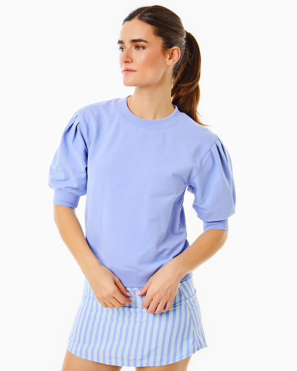 'On model product image of Luxe Terry Lightweight Cedar Pullover in Violet'