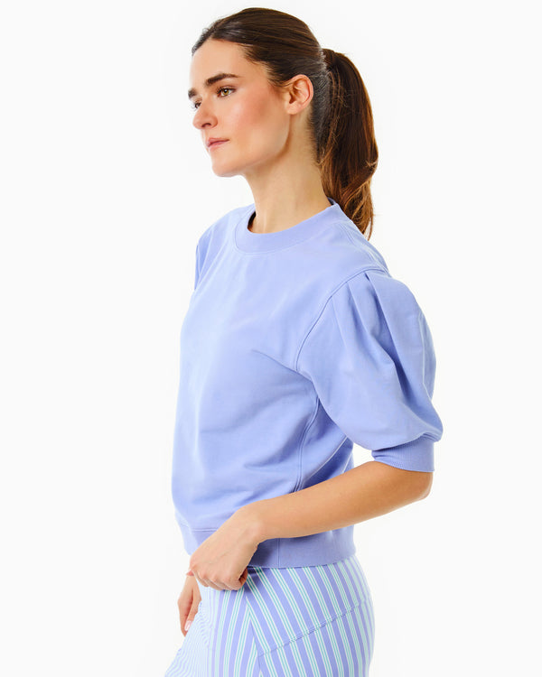 'On model product image of Luxe Terry Lightweight Cedar Pullover in Violet'